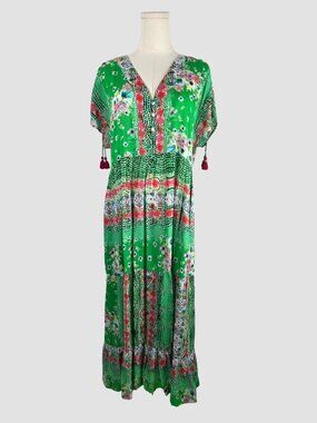 Lula Soul Floral Maxi Dress Sz M Tassel Details & Buttons Green Boho Resort Wear